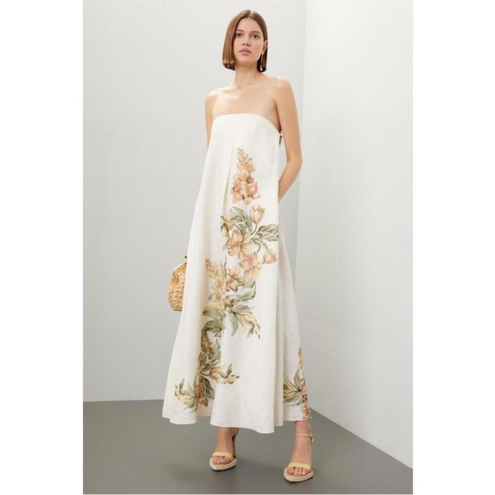 Strapless Floral Linen-Blend Maxi Dress in Cream